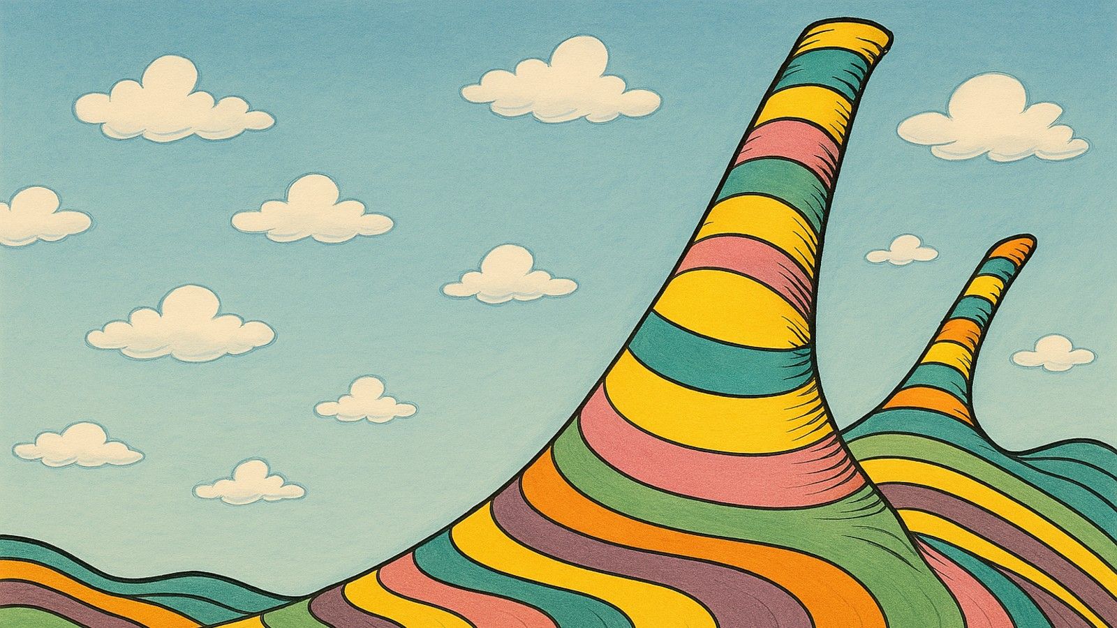 A colourful AI-created Seuss-style image of mountains banner image