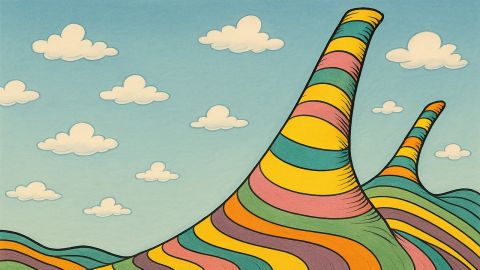 A colourful AI-created Seuss-style image of mountains