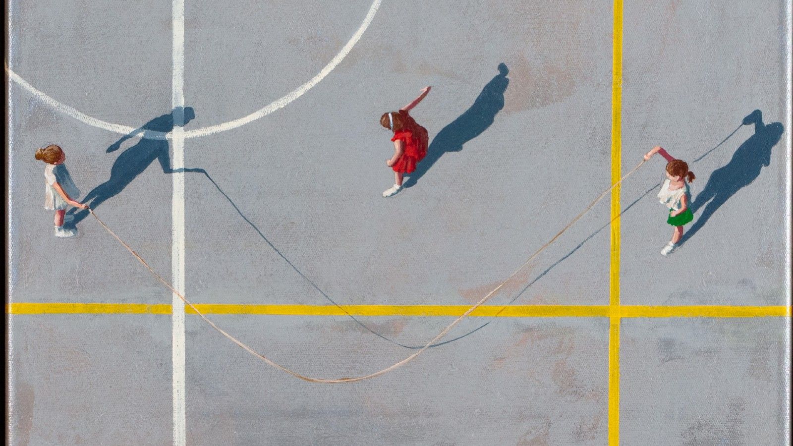 Artwork by Jo White showing aerial view of three children skipping rope. banner image