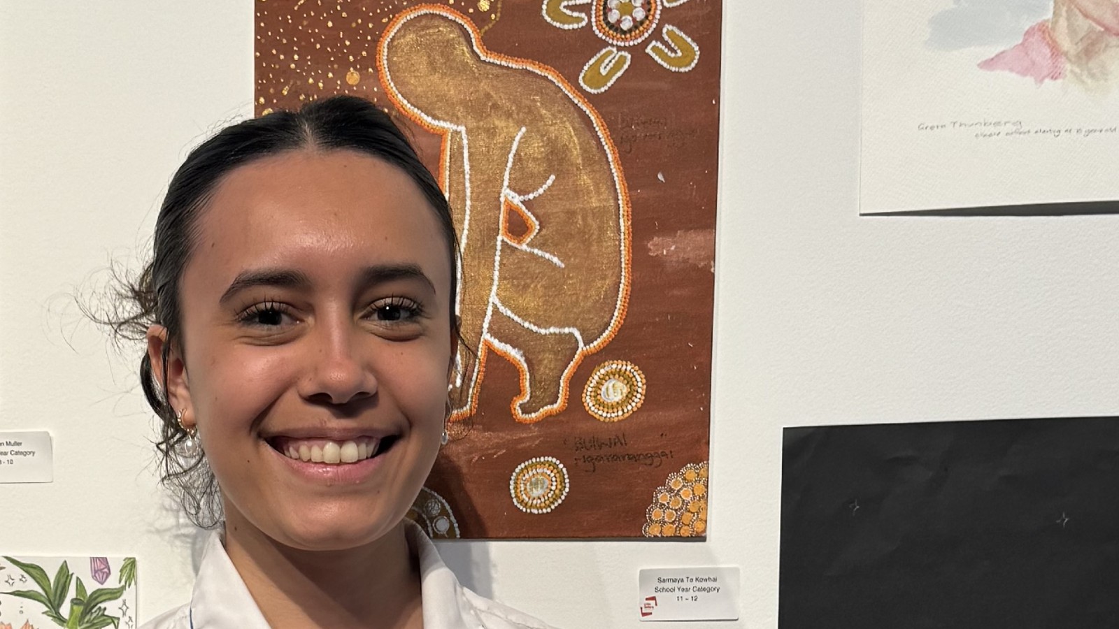 Image 2024 scholarship winner Sarmaya Te Kowhai with her artwork titled Bulwal Ngaranggal