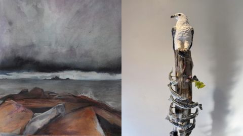 Combined image of artwork by Best-McMahon titled Batemans Bay Yangary, and ceramic sculpture by Nunes titled Sacred Waters.
