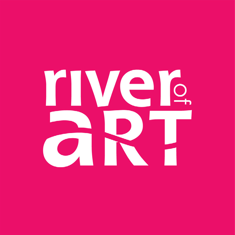 The words river of art written in white on a pink background.
