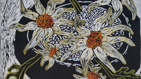 Hand coloured linocut, gouache by Sue Franklin titled Flannel Rust