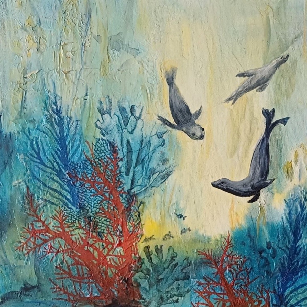 Image Artwork by Heide Weber titled Frolicking seals.